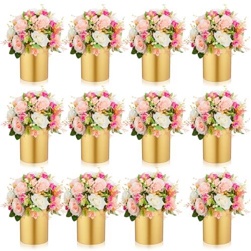 Ninehaoou 11 Pcs Gold Cylinder Vases for Wedding Centerpieces 5.1 Inch Tall Metal Flowers Vase Small Hurricane Holder for Wedding Dining Coffee Table Party Decorations, Not Included Flowers