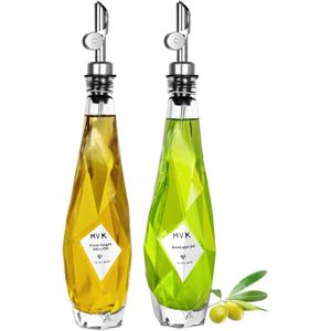 Olive Oil Dispenser Bottle for Kitchen, 11.8 oz/ 350 ml Cooking Dispenser, Vinegar Dispenser Bottle Set, Glass Oil Container with Pourer Spouts, Labels, Caps, Funnel, Diamond-Shaped (2 Pack, Silver)