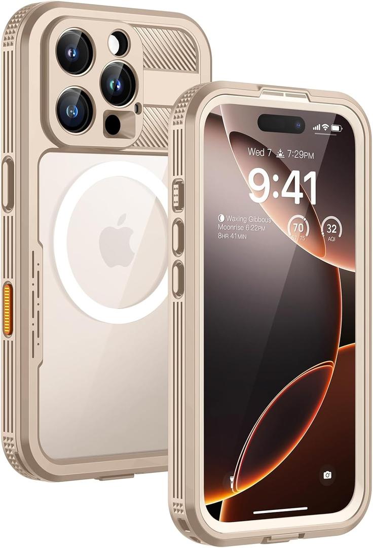 Lanhiem Magnetic for iPhone 16 Pro Max Case, IP68 Waterproof Dustproof Case, [Compatible with Magsafe] [Built-in Screen Protector] Full Body Heavy Duty Rugged Phone Cover 6.9 inch, Desert