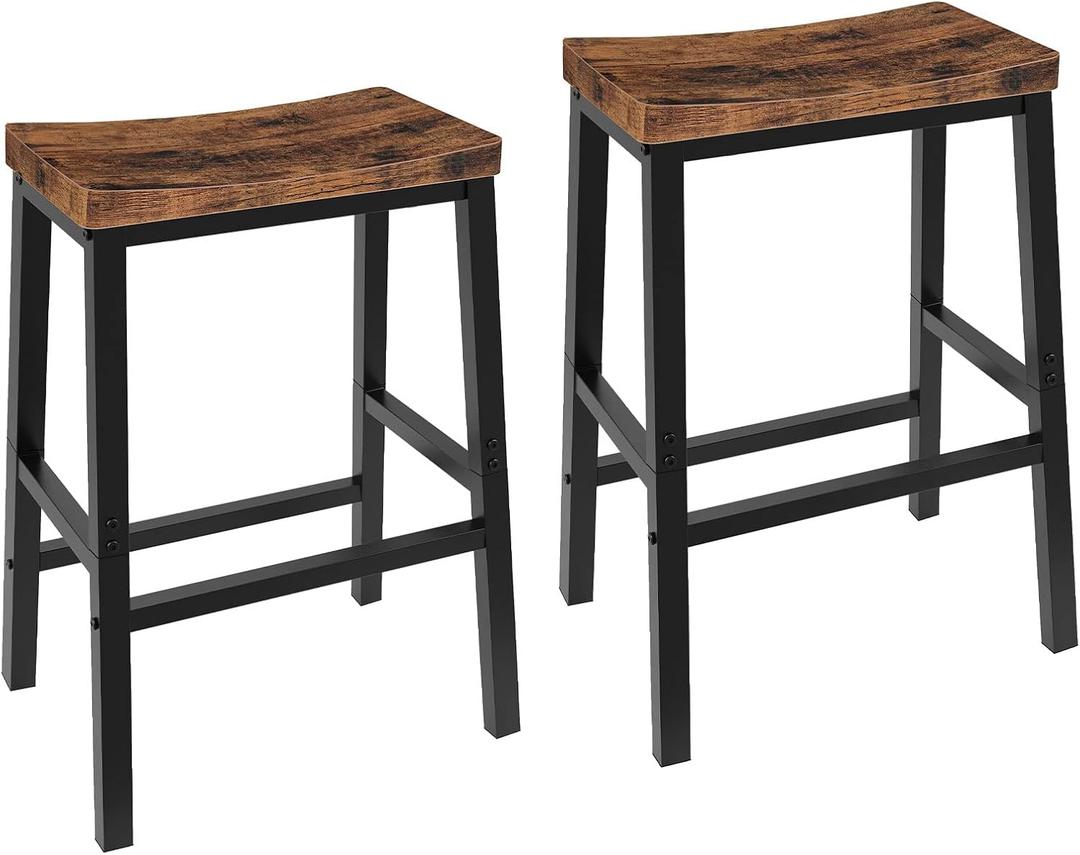 HOOBRO Bar Stools, Set of 2 Bar Chairs, 23.6 Inch Saddle Stools, Kitchen Counter Seat with Footrests, Industrial Barstools for Dining Room, Kitchen, Counter, Rustic Brown and Black BF02MD01, 15.4"l X 9.1"w X 23.6"h