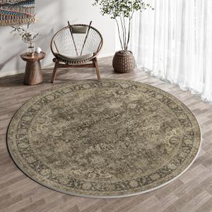 5x5 Washable Round Rug Brown Vintage Non Slip Soft Low Pile Circle Rug for Living Room Bedroom Distressed Oriental Indoor Carpet for Dining Room Office Entryway Home Decor