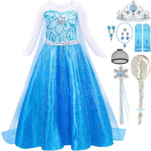 Elsa Costume for Toddler Girls Snow Princess Dress Blue Halloween Cosplay Dress Up Outfits with Wig (4-5 Years)