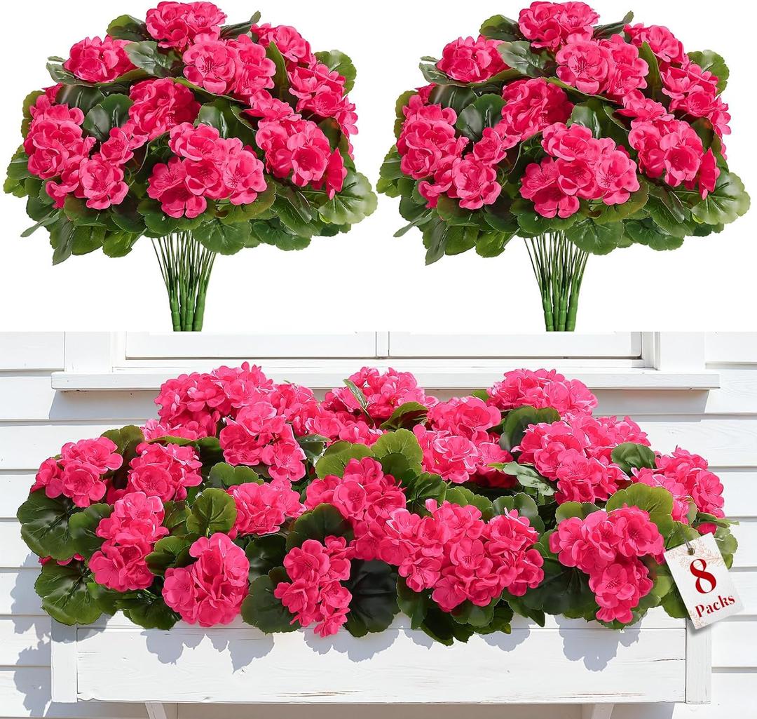 Alupssuc 8Pcs Artificial Geranium Flowers for Outdoors Decoration Silk Floral, UV Resistant Fake Plants, Faux Flower for Porch Garden Table Centerpieces Home Indoor Outside Spring Decor(8, Deep Pink)