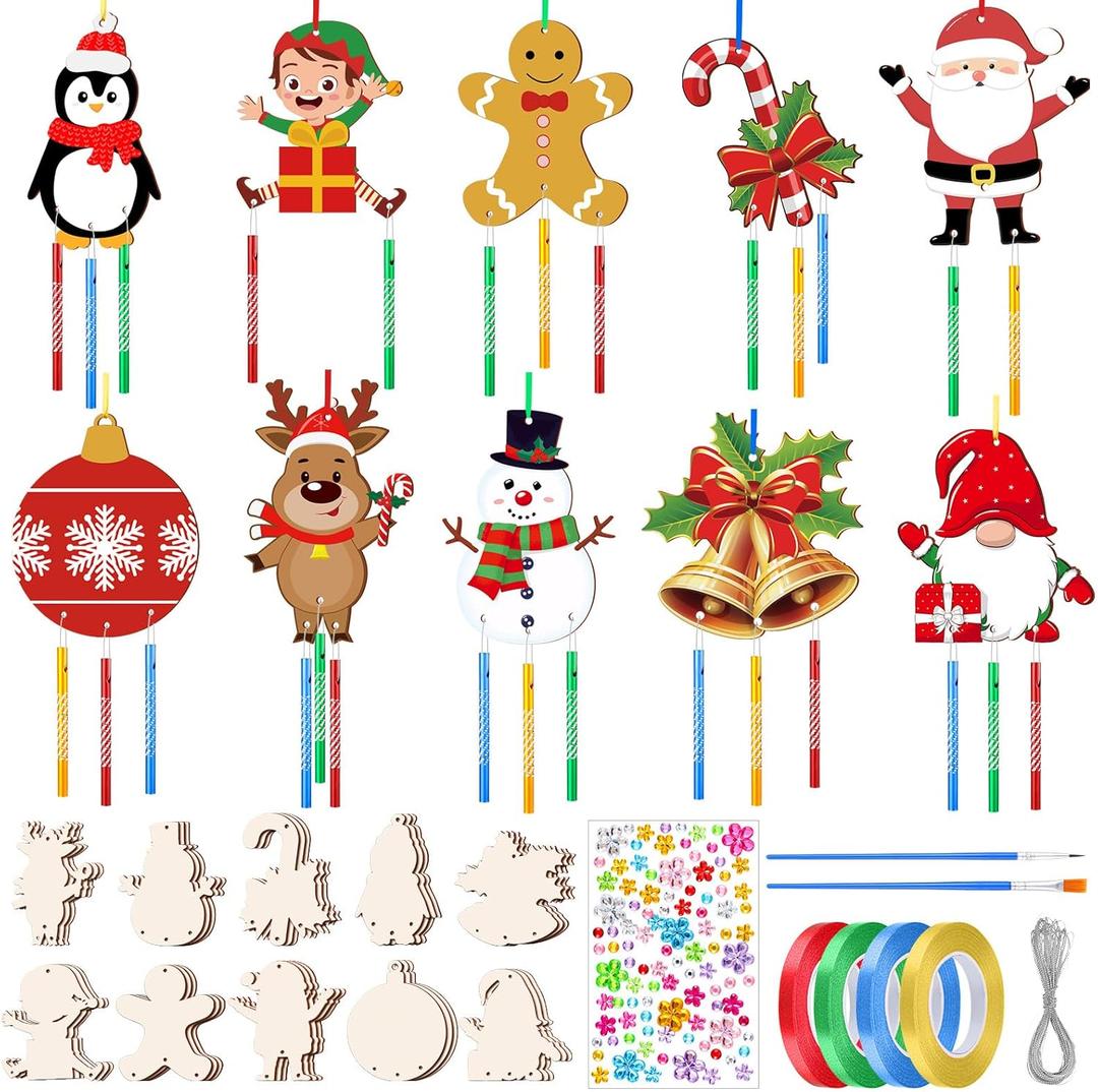 30 Sets Christmas Wind Chime Craft Kit Make You Own Wind Chime Christmas DIY Painting Colorful Wooden Arts Crafts Ornaments Gingerbread Santa Snowman Gnome for Xmas Gifts