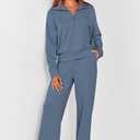 PRETTYGARDEN Women's 2 Piece Outfits Casual Lapel Half Zip Sweatshirts and Wide Leg Pants Tracksuit Sets (Blue, L)