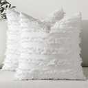 MIULEE Set of 2 Decorative Boho Throw Pillow Covers Linen Striped Jacquard Pattern Cushion Covers for Christmas Sofa Couch Living Room Bedroom 18x18 Inch White