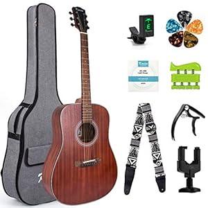 Kmise Acoustic Guitar Full Size Red,41 inch Dreadnought Folk Guitarra for Professional Adults,Beginner Starter Kit w/Bag Strings Picks Tuner Strap Capo Hook Hanger Hand Exerciser