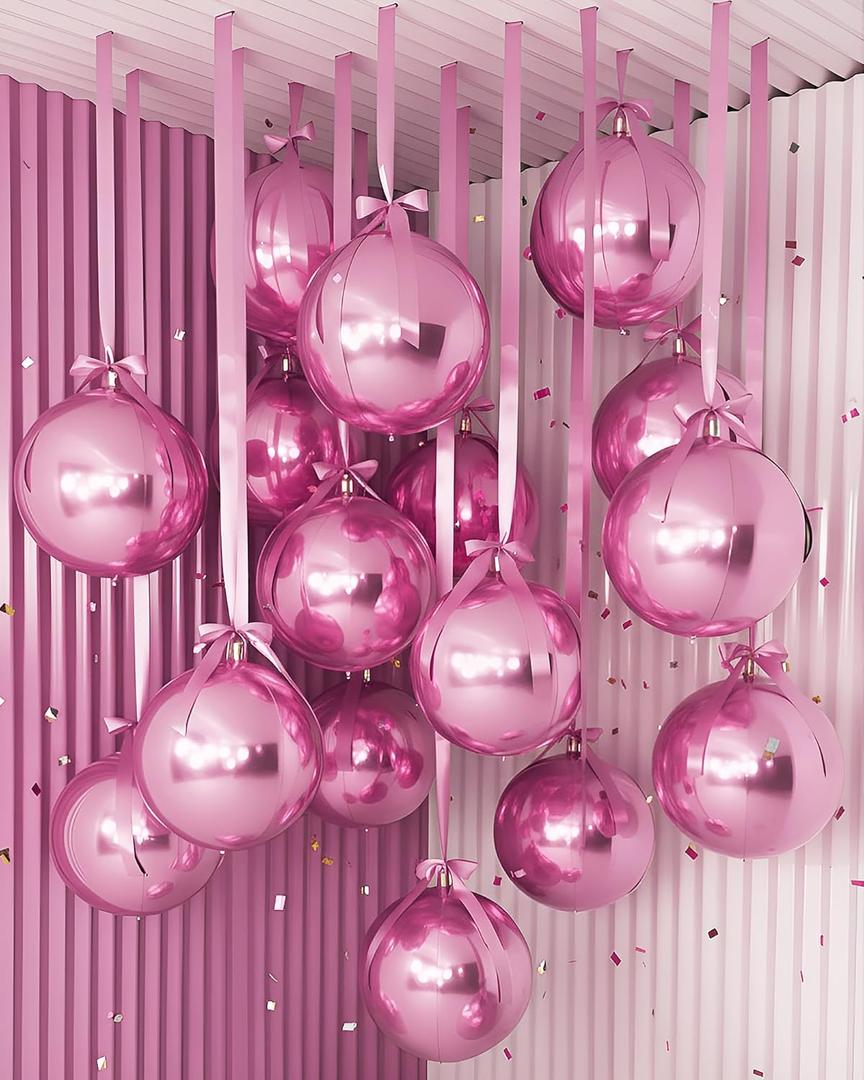 Jenaai 30 Set Pink Round Foil Balloons Bulk 22 Inch 4d Metallic Giant Balloons Set with Satin Bows Ribbon for Ceiling Holiday Ornaments Birthday Wedding Party Decoration (Pink)