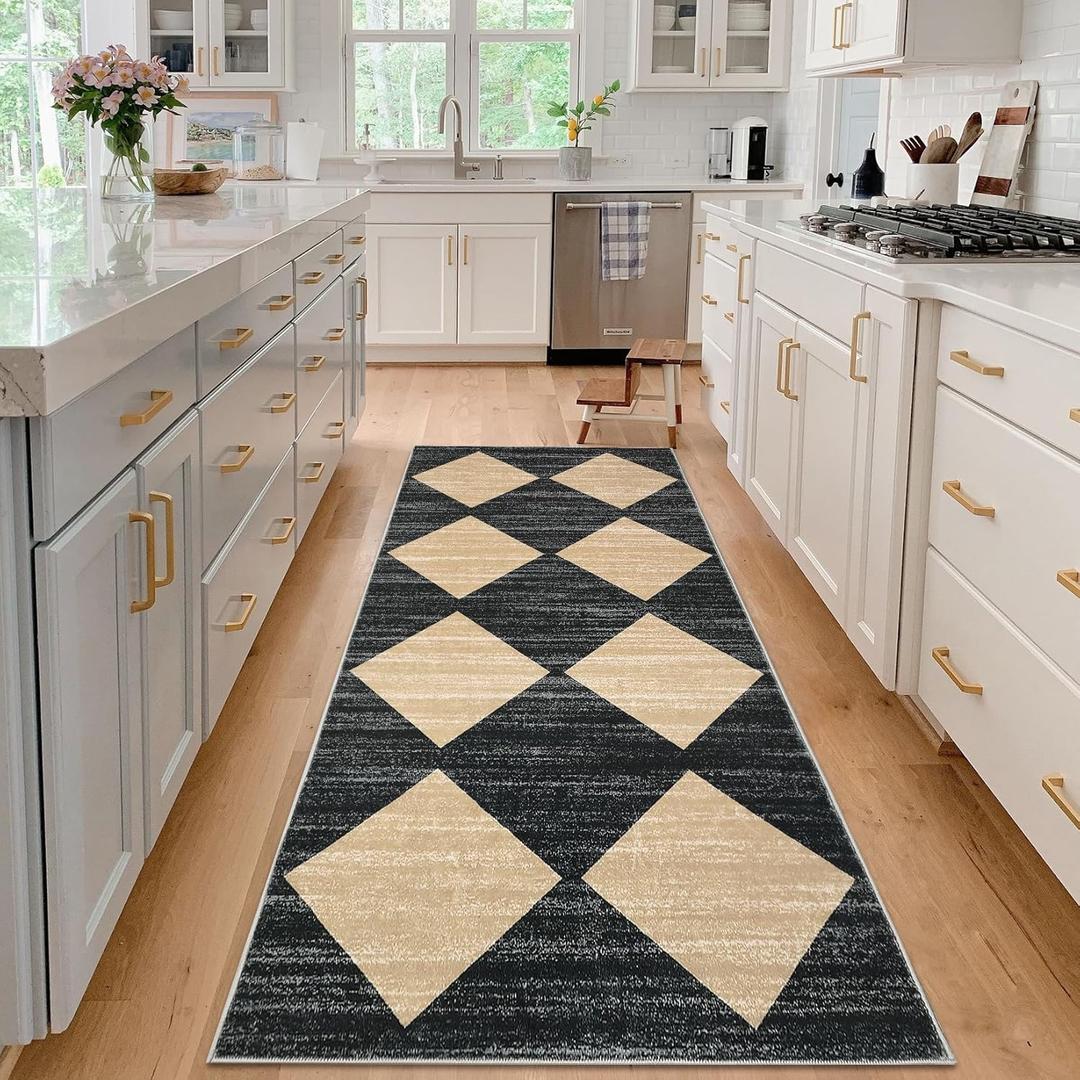 GarveeHome Kitchen Runner Rug Black Washable Rug for Front Door Entryway Hallway Distressed Checkered Mat Low Pile Neutral Area Rugs Non Slip Farmhouse Rugs 2x6 Black and Brown