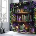 Gothic Skull Shower Curtain Vintage Withcy Spooky Retro Wizard Magic Bookshelf Purple Floral Unique Green Plant Mysterious Bathroom Decor Polyester Curtains with Hooks,70Wx70L