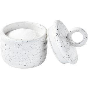 Salt Cellar Keeper with Ceramic Lid, Big Capacity Ceramic Sugar Bowls Pepper Box, Speckled Glaze Seasoning Container Condiment Pot for Kitchen (White)