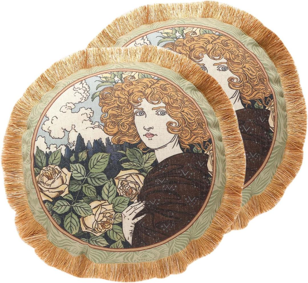 Patdrea Designer Throw Pillow Covers Set of 2,French Elegant Green Linen with Oil Painting Figure Pattern Pillow Covers,Decorative Round Pillowcases Cushion for Bed Living Room,Diameter 16"