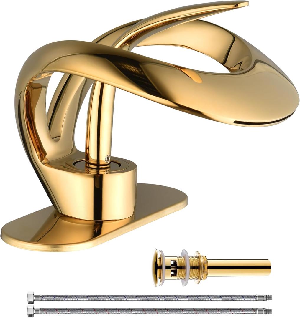 Elegant Bathroom Sink Faucet Single Hole,AUU Waterfall Matte Black Vanity Sink Faucet Solid Brass,Single Handle Basin Tap with Pop Up Drian Supply Line (Gold, Short)
