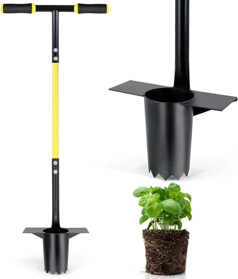 Jardineer Bulb Planter Tool Long Handle, Heavy Duty Stainless Steel Garden Transplanter with Ergonomic Handle, Ideal for Planting Bulbs, Seedlings, Flowers & Vegetables, Durable Gardening Hand Tool (single)