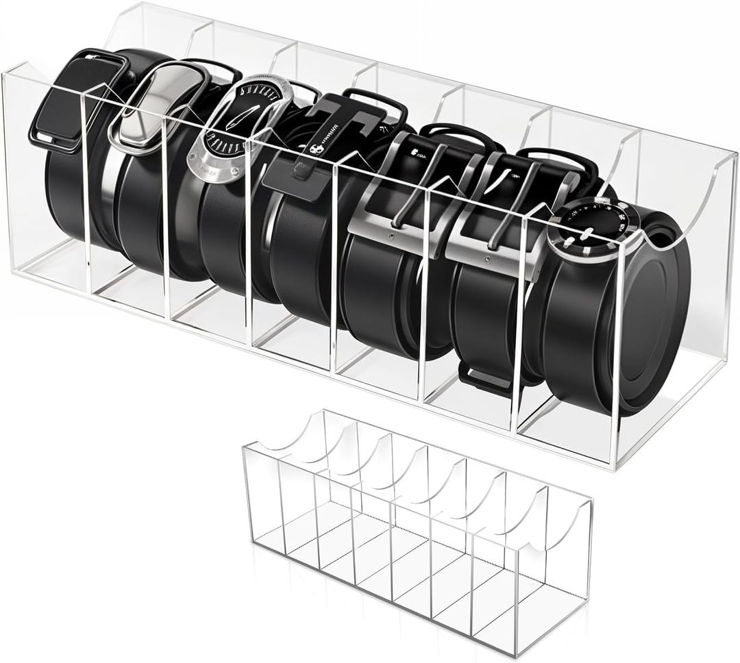Acrylic Belt Organizer, 7 Compartments Clear Storage Holder and Display Case Containers for Belts, Ties, Jewelry, Watches, Makeup, Multipurpose Use in Closet or Drawer