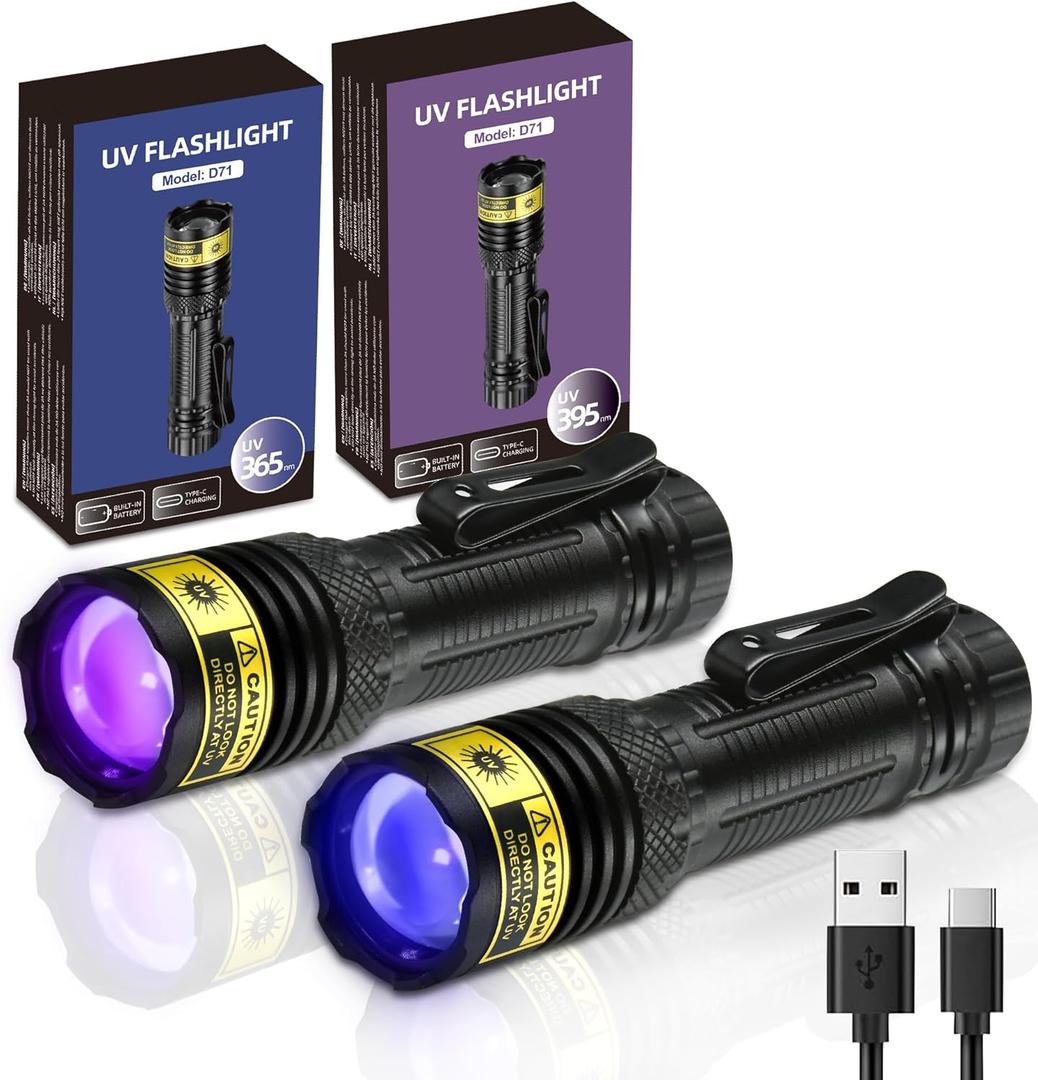 DARKDAWN UV Flashlight 365&395nm Black Light Mini USB Rechargeable Ultraviolet LED Blacklight Woods Lamp Powerful Fluorescent Portable Detector for Pet Urine Stains, Money, Resin Curing2 Pack