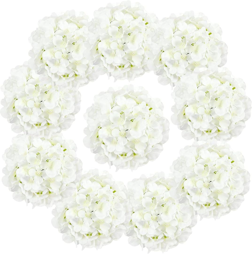 Auihiay 10PCS Hydrangea Artificial Flowers, Faux White Flowers for Wedding Centerpieces, DIY Bouquets, Bridal Shower, Floral Decor Home Decoration with Stems (VASE NOT Included) (Ivory)