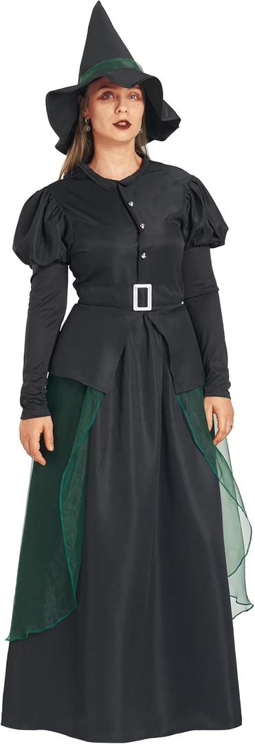 IKALI Women Gothic Witch Costume with Halloween Hat, Medieval Fairytale Witch Fancy Dress Up for Adults Big Girls (Black)