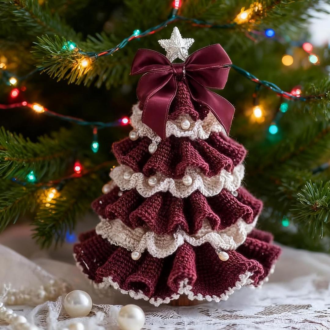 DIY Crochet Christmas Tree Kit | Handmade Crochet Christmas Tree Kit for Beginners, Handmade Holiday Decoration Set, Tree Bow Pearl Embellishment, Christmas PartyCrochet Decorations