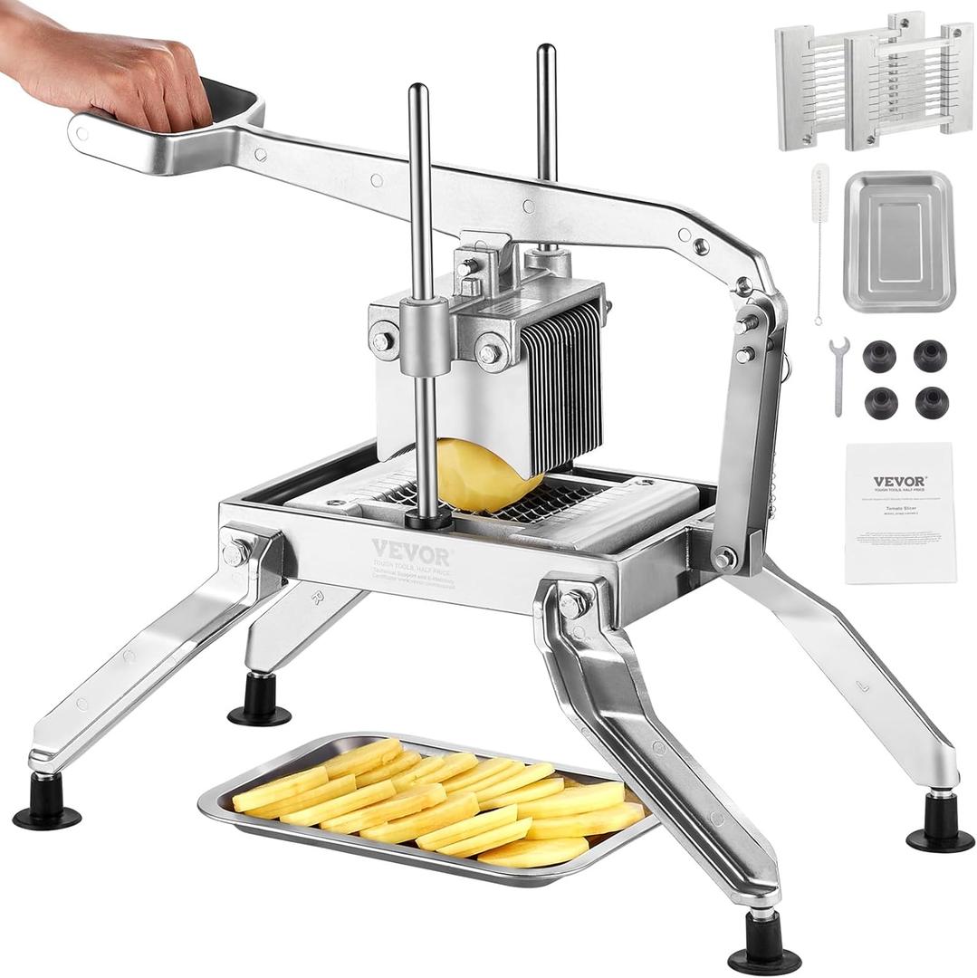 VEVOR Commercial Vegetable Slicer, 1/4 and 1/2 inch Tomato Slicer, Stainless Steel and Aluminum Alloy Vegetable Cutter Slicer, Manual Tomato Slicer with Non-slip Feet, for Tomatoes, Onions, Potatoes