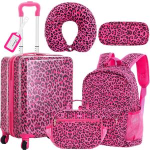 Redbaker 17 Inch 6 Pcs Kids Luggage Set Kids Rolling Luggage Double Pattern Suitcase for Boys Girls (Hot Pink, Leopard Print Style)