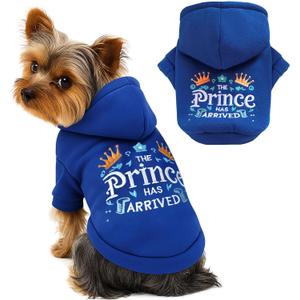 ABRRLO Small Dog Hoodie Clothes Cute Blue Prince Fleece Dog Sweater for Small Dogs Cats Boy Warm Puppy Sweatshirt with Leash D Ring Fall Winter XS Pet Doggy Outfit Chihuahua Yorkie Shihtzu(Blue,S)