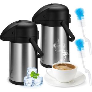 64 Oz Airpot Coffee Dispenser with Pump, 2Pcs Insulated Thermal Coffee Carafe - Stainless Steel Hot Beverage Dispenser - Coffee Urn for Hot/Cold Water, Drink Dispenser for Parties