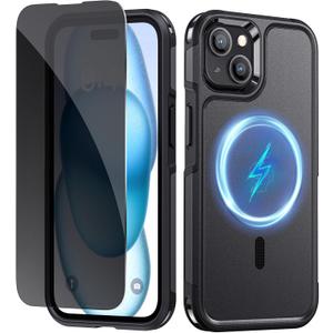 Lanhiem Magnetic for iPhone 15 Case with Privacy Screen Protector, 10 FT Military Grade Shockproof Heavy Duty Case Protective Phone Cover Compatible with MagSafe for iPhone 15 (Black)