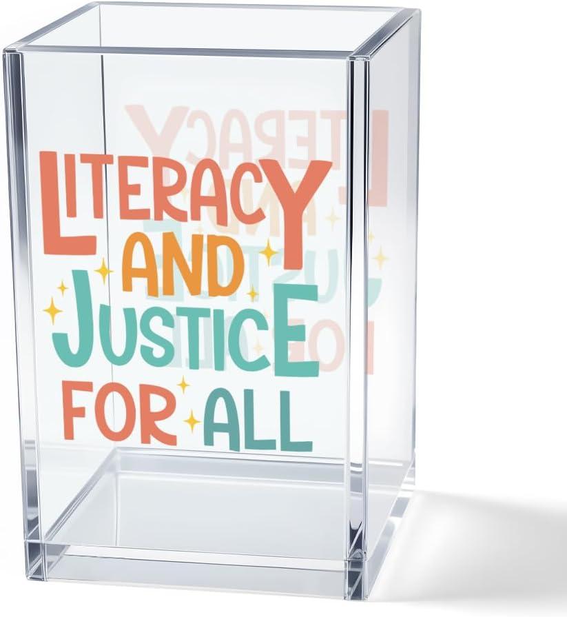 Literacy and Justice for All Acrylic Cosmetic Pencil Pen Holder Cup, Reading Book Club Pen Holder Cup, Bookish Gifts, Social Justice Gifts for Women Mom Sister Friend Coworker Librarian Teacher