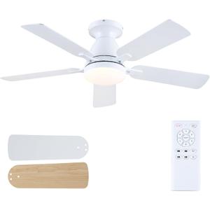 Ceiling Fans with Lights, 46 Inch Flush Mount Ceiling Fan with Remote Modern, Low Profile White Ceiling Fan with Light for Bedroom Living Room Indoor, Quiet DC Motor, Reversible, Dimmable