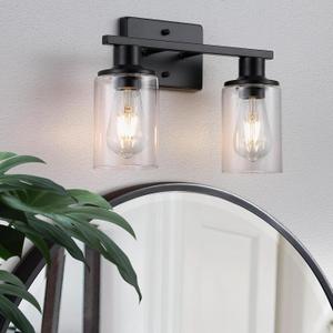 2-Light Matte Black Bathroom Vanity Light,Bathroom Light Fixtures Over Mirror with Clear Glass Shade,Modern Farmhouse Wall Sconces Lighting for Kitchen Living Room Cabinet