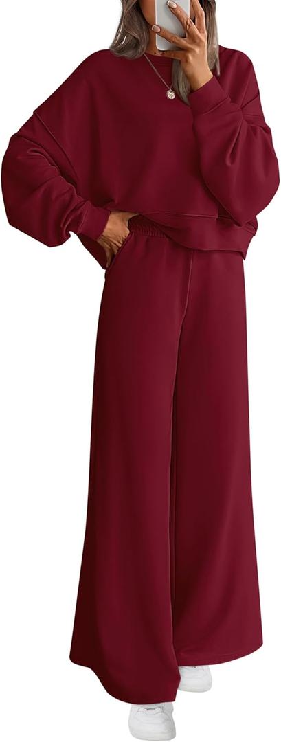 PRETTYGARDEN Women 2 Piece Outfits 2025 Fall Sweatsuits Crewneck Sweatshirt Wide Leg Sweatpants Lounge Sets Tracksuit (Medium, Burgundy)