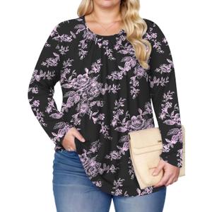 DOLNINE Plus-Size-Tops for Women Casual Crewneck Shirts Basic Long Sleeve Tee Tunics Trendy Pleated Blouses (XX-Large)