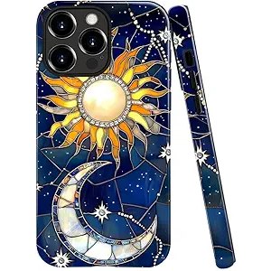 DAIZAG Case Compatible with iPhone 15 Pro Max,Glossy Durable Shock Protection Cover for Girl Women,Stained Glass Blue Stars Moon