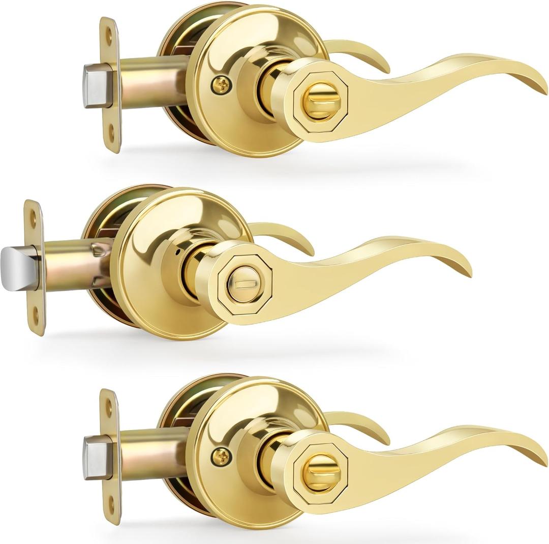 Moquin Privacy Wavy Style Gold Door Handles with Lock (No Key), Brushed Gold Door Handles with Reversible Lever for Bathroom and Closet, Polished Brass, 3 Pack