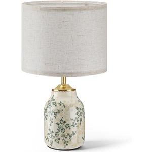 Tellingyou 1 Pcs 21" Vintage Green Ceramic Lamp with Beige Linen Shade Farmhouse Modern Table Lamp Ice Cracked Rose Floral for Bedroom Living Room Office Dorm Desk Table Rocker, Bulbs Not Included