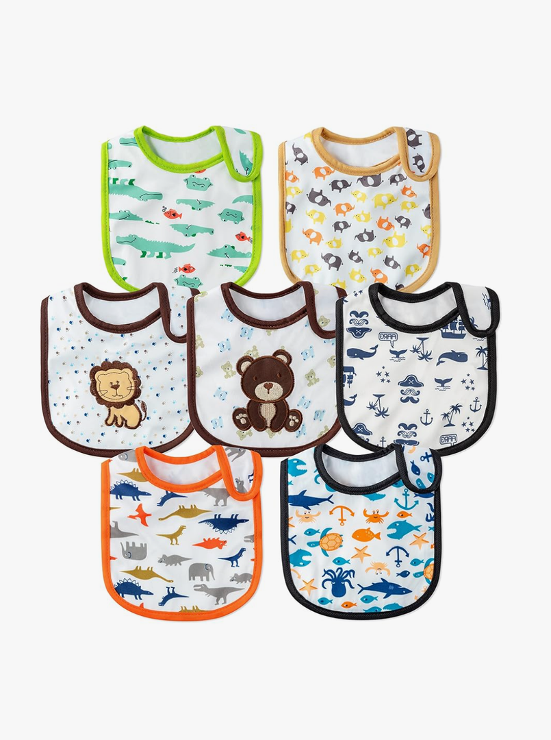 7Pcs Cotton Waterproof Baby Bibs Hook Loop Closure Newborn Bib Keepsake Baby Gift for Drooling Feeding Eating