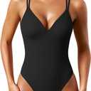 OQQ Womens One Piece Swimsuit V Neck Crossback Ribbed Bathing Suit Slim Fit Beach Swimwear (Medium, Black)