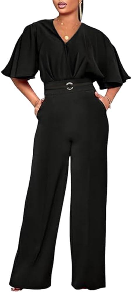 HWP Dressy Jumpsuits for Women Elegant One Piece Jumpsuits V-Neck Ruffle Short Sleeve Wide Leg Ladies Jumpsuit Rompers L