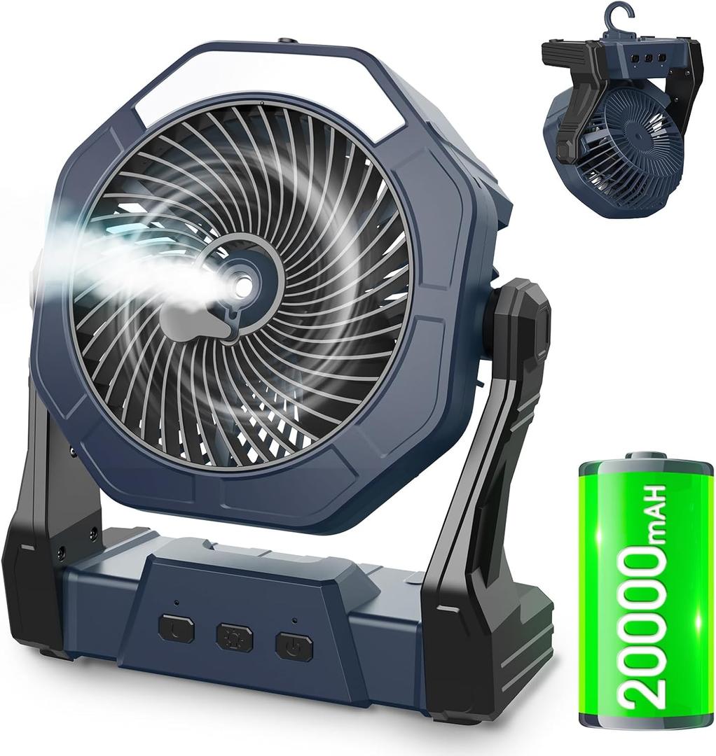 Ausic Misting Fan Portable, [Max 70H Runtime] 20000mAh Outdoor Cooling Fans for Patio, Water Spray Fan with Led Light, Beach Travel Camping Essential, 8 Inch Battery Operated Rechargeable Fans (Grey)