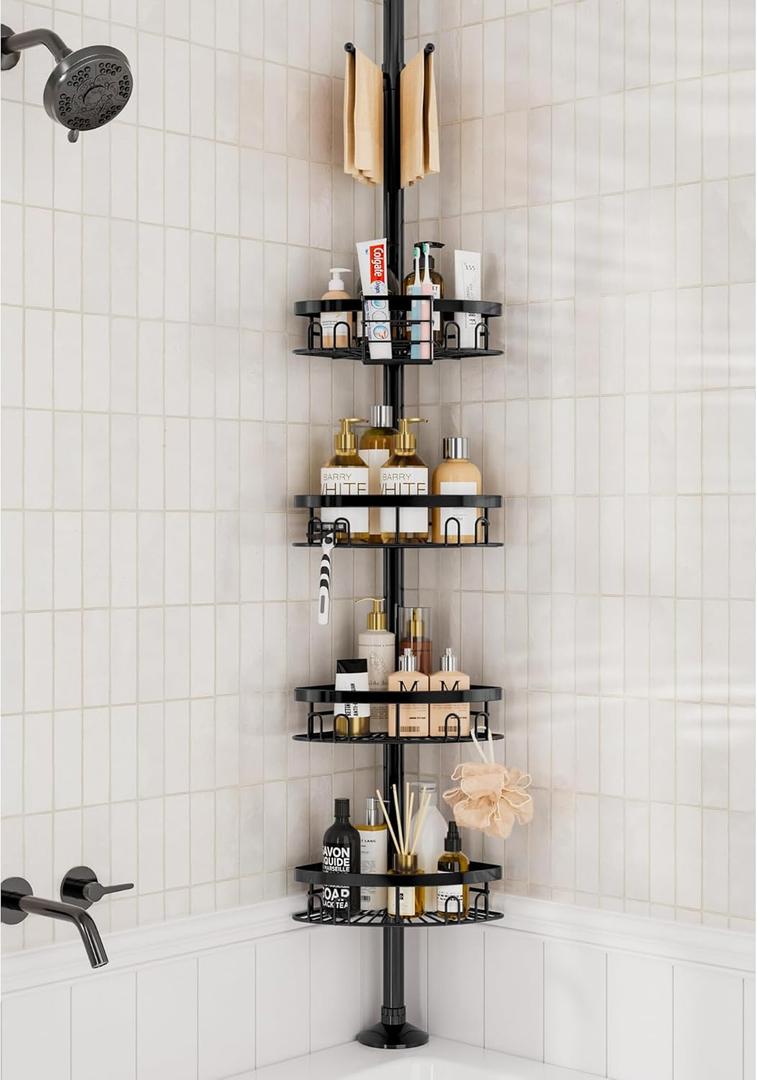 Rustproof Corner Shower Caddy Tension Pole, 4 Large Baskets for Bathtub Shampoo Storage Organizer Bathroom Height Adjustable Shelves from 23.6 to 114.5 Inch with Towel Bar (Black)