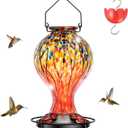 Hummingbird Feeders for Outdoors Blown Glass Hanging Hummingbird Feeder with Ant Moat, 28 Ounces Large Capacity,Leakproof Wide Mouth, Decorative Bird Feeder for Garden, Yard, Patio, or Window