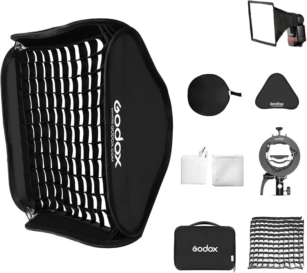 GODOX 24x24inch / 60x60cm Foldable Flash Softbox &Grid with Godox S2 S-Type Speedlite Bracket Bowens Mount and Carrying Case for Camera Speedlight Studio Video Shooting Portraits Product Photography