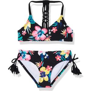 Kanu Surf Girls' Willow V-Neck Bikini Beach Sport 2-Piece Swimsuit (14, Brooke Black)