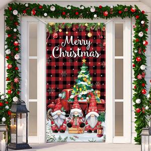 Tiamon Christmas Gnome Door Cover Xmas Red Truck Buffalo Plaid Door Cover Banner Merry Christmas Backdrop Decoration for Winter Holiday Party Supplies, 70.9 x 35.4 Inches