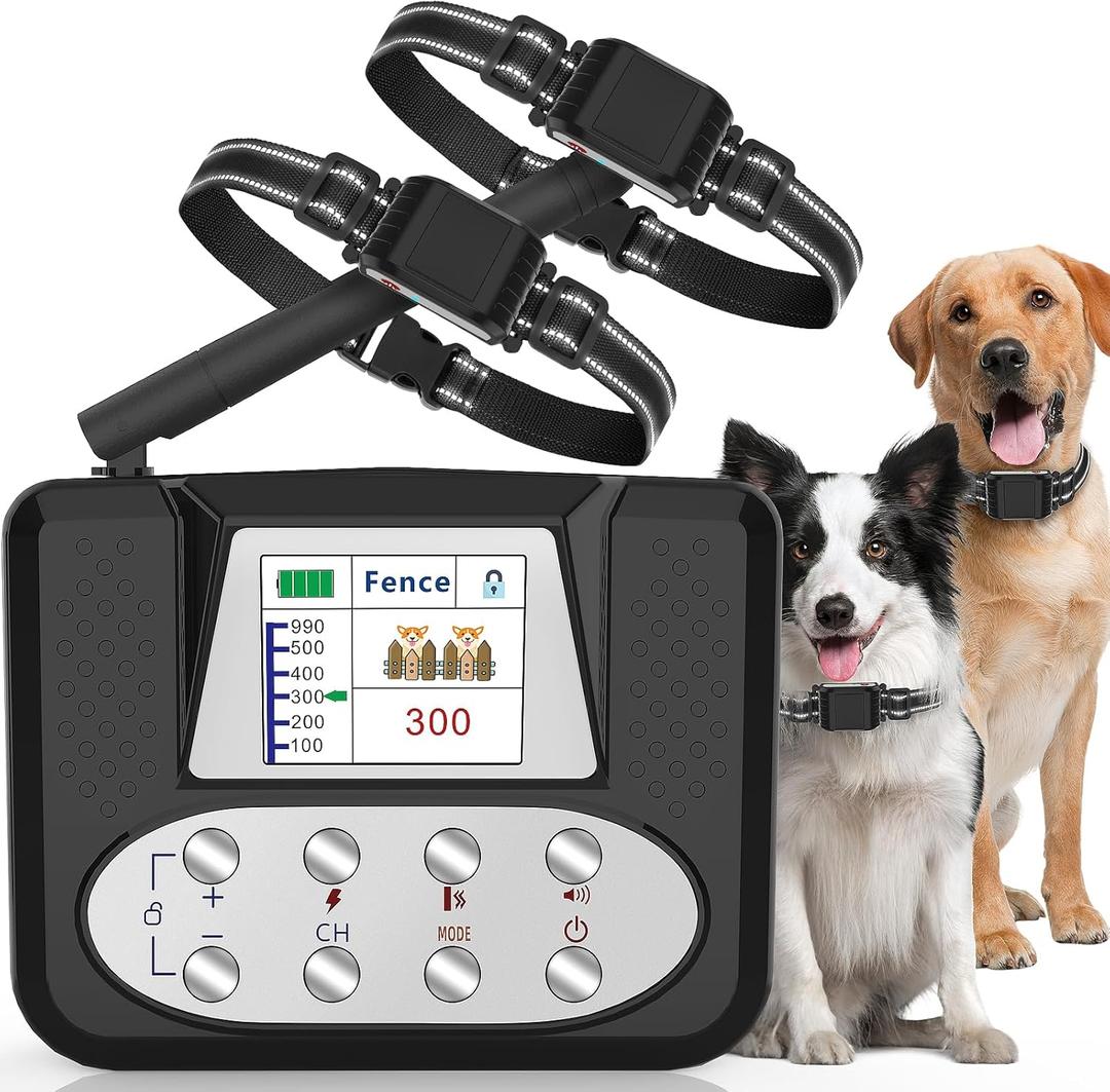 Wireless Dog Fence, Electric Fence for Dogs, Electric Dog Fence with LCD Screen, Adjustable Warning Strength, Range 50-999ft, Rechargeable Pet Containment System for Outdoor, Suitable for Most of Dog