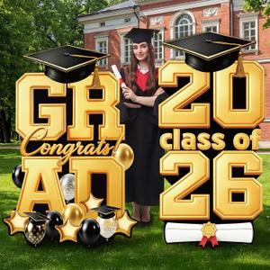 Chunful 2 Pcs 52.2 Inch Extra Large Grad 2026 Yard Signs Decorations 2026 Congrats Graduation Lawn Decor Glitter Grad Yard Signs with Stakes for Outdoor Senior College School Party Supplies