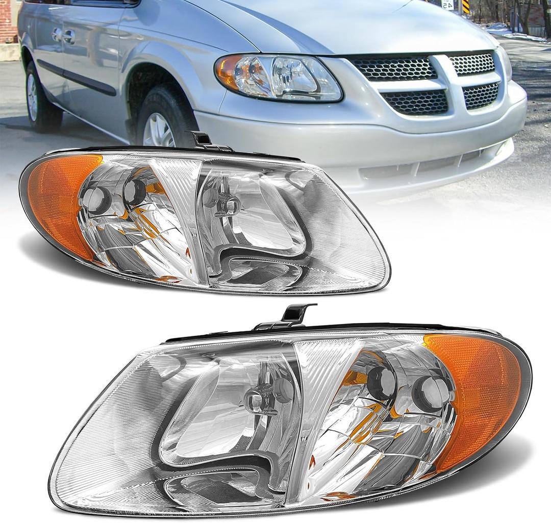 AS 2001-2007 Dodge Caravan Headlight Assembly for 01-07 Grand Caravan Chrysler Town & Country with 113.3 inch Short-Wheelbase(NOT FOR long-wheelbase 119.3-inch) Clear Lens Chrome Housing