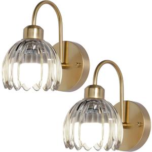 Cordless Wall Sconce Sets of 2, Tulip Glass Shades Rechargeable Battery Operated Wall Sconce, Retro Flower Gold Wall Lights Bathroom Vanity Sconces, Wall Mounted Lamps for Bedroom Living Room