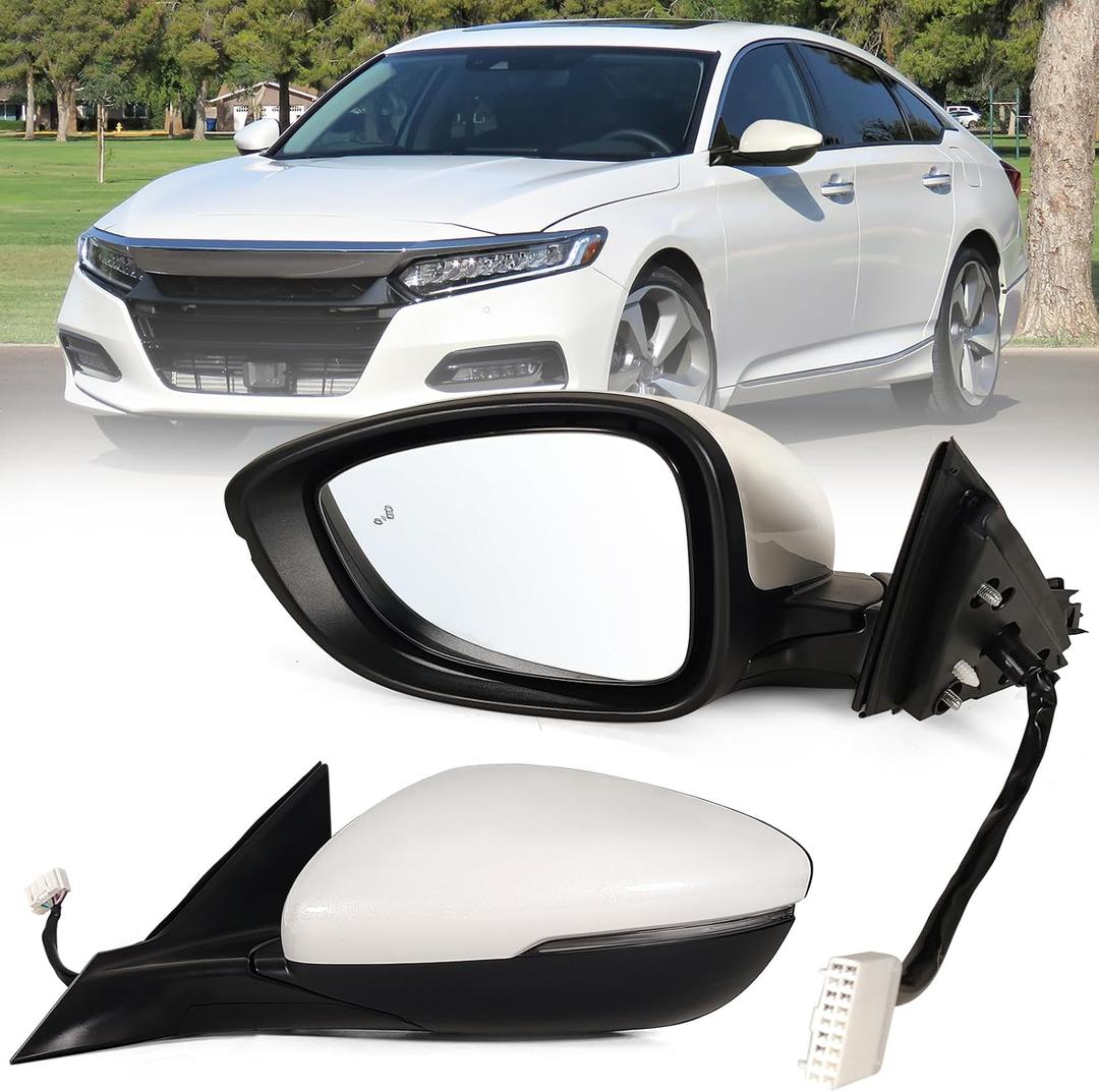 Left Driver side Mirror Fits 2018-2022 Honda Accord With Power Glass, Heated, Blind Spot Detection,Turn Signal and Manual Folding Match to Platinum White Pearl Replace HO1320330 8Pins